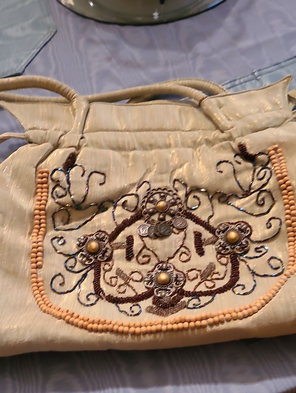 Embellished Cream Beaded Shoulder Bag